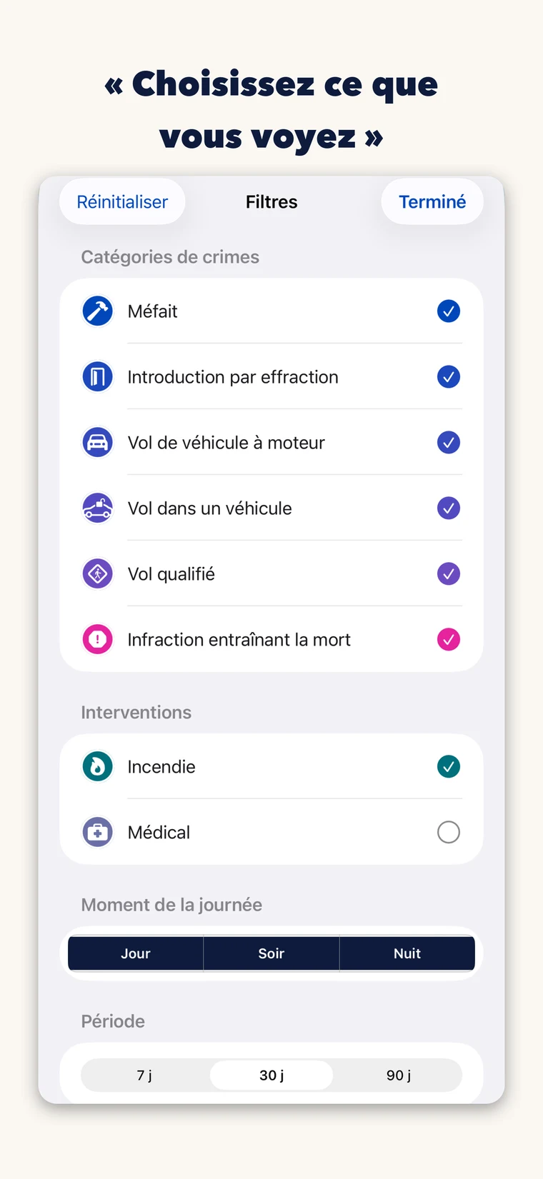 Filtres de la carte IncidentMTL en français