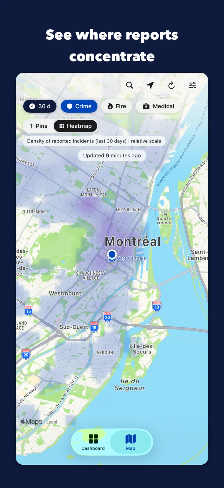 IncidentMTL density heatmap across Montréal island