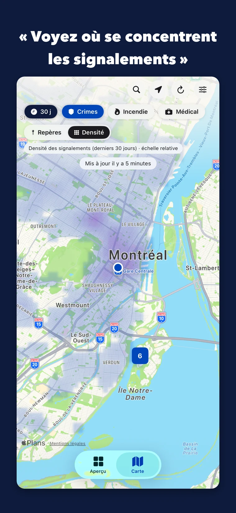 Carte de densité IncidentMTL sur l’île de Montréal