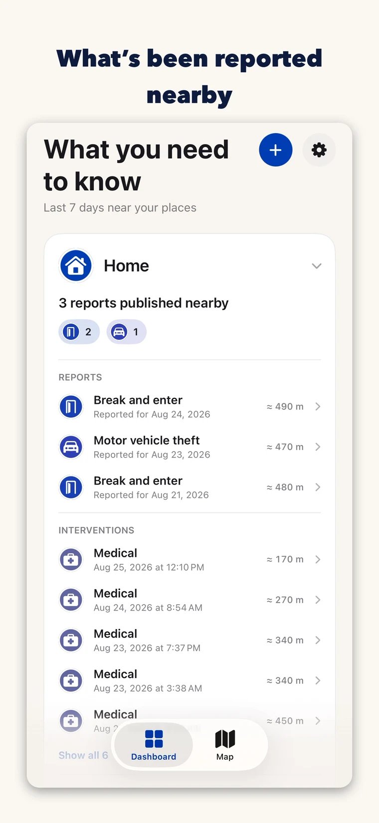 IncidentMTL dashboard showing published reports near a saved place