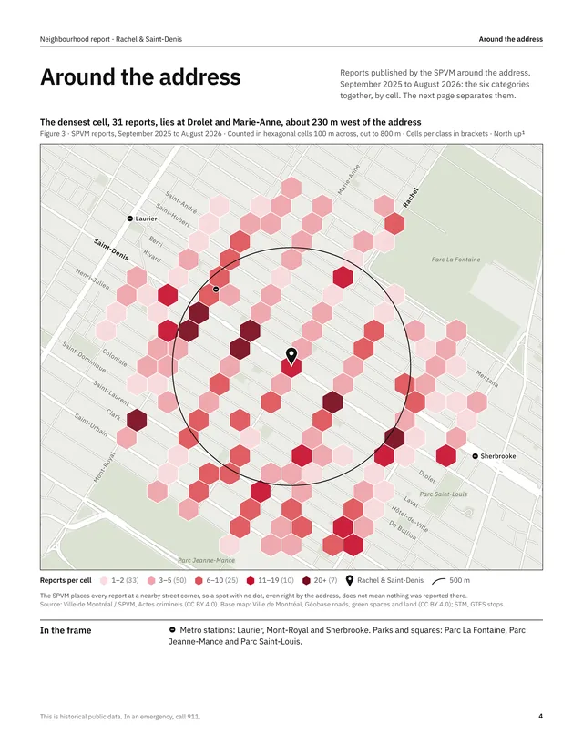 “Around the address” page of a sample report: a map of SPVM reports, cell by cell