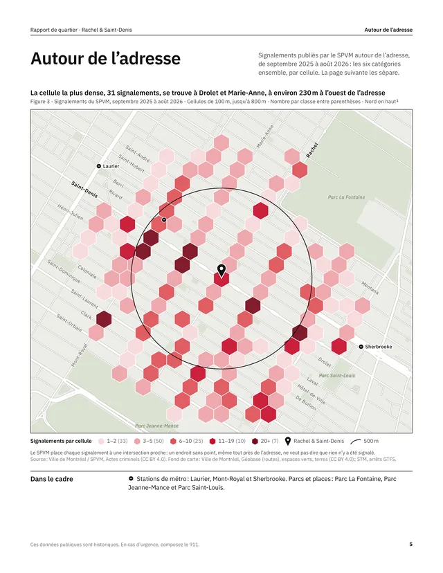 Page « Autour de l’adresse » d’un exemple de rapport : la carte des signalements du SPVM, cellule par cellule